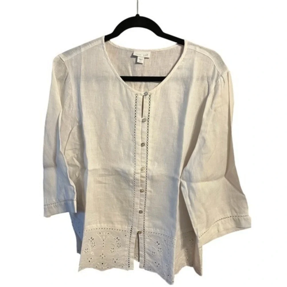 J. Jill Love Linen White Eyelet Embroidered Button Front Top‎ Large Petite LP
